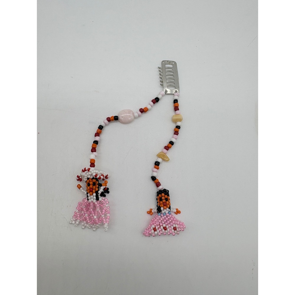Handmade Beaded Doll Hair Clip Pink Folk Art Seed Bead Hair Jewelry J705